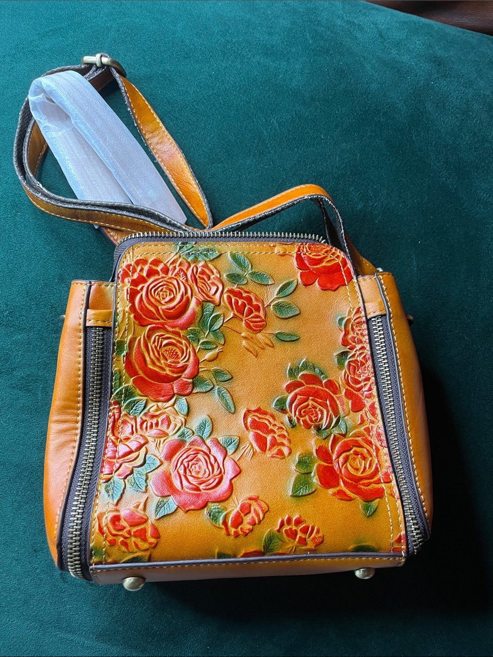Orange Floral Embossed Leather Crossbody Bag - Women's Shoulder Bag - Picture 5 of 7